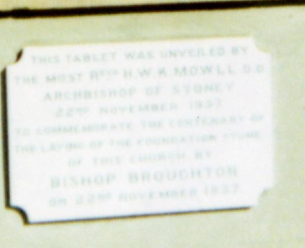 rev H W MOWELL  | Archbishop of Sydney - 22 Nov 1937,  | bishop Broughton  | St Stephen the Martyr Anglican Church Cemetery, Penrith  |   | 