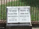 
Eliza PIKE
d: 7 Mar 1900
John PIKE
d: 25 Dec 1913

Pike Private Cemetery, Woolooga, Gympie Regional Council

