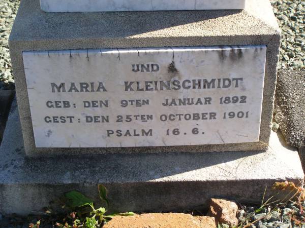 Arthur KLEINSCHMIDT,  | born 9 July 1895,  | died 29 June 1896;  | Maria KLEINSCHMIDT,  | born 9 Jan 1892,  | died 25 Oct 1901;  | Pimpama Island cemetery, Gold Coast  | 