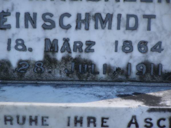 Maria Magdalene KLEINSCHMIDT,  | born 18 March 1864,  | died 28 July 1911;  | Albert KLEINSCHMIDT,  | ashes,  | born 10 Jan 1857,  | died 6 June 1943;  | Pimpama Island cemetery, Gold Coast  | 