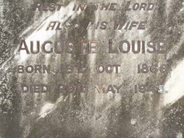 Carl Gustav MIERS,  | born 9 May 1857,  | died 27 Oct 1918;  | Auguste Louise,  | wife,  | born 18 Oct 1866,  | died 29 May 1945;  | Pimpama Island cemetery, Gold Coast  | 