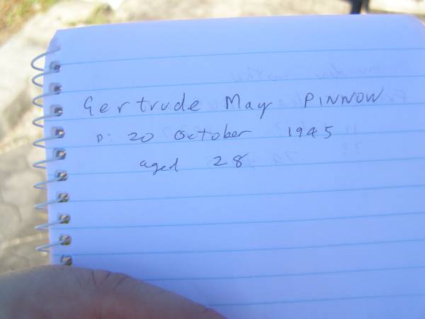 Gertrude May PINNOW,  | died 20 Oct 1945 aged 28 years;  | Pimpama Island cemetery, Gold Coast  | 