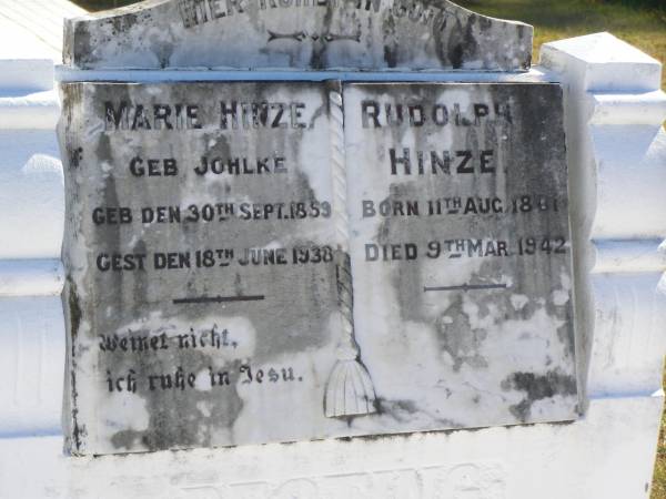 Marie HINZE (nee JOHLKE),  | born 30 Sept 1859,  | died 18 June 1938;  | Rudolph HINZE,  | born 11 Aug 1861,  | died 9 Mar 1942;  | Pimpama Island cemetery, Gold Coast  | 