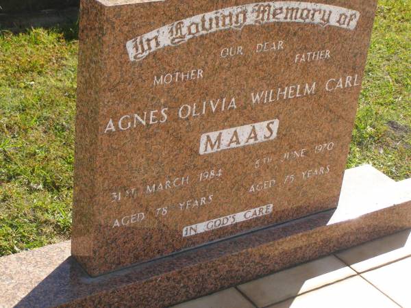 Agnes Olivia MAAS,  | mother,  | died 31 March 1984 aged 78 years;  | Wilhelm Carl MAAS,  | father,  | died 5 June 1970 aged 75 years;  | Pimpama Island cemetery, Gold Coast  | 