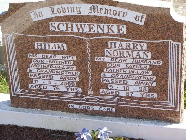 Hilda SCHWENKE,  | wife mother mother-in-law grandmother,  | died 11-4-2000 aged 76 years;  | Harry Norman SCHWENKE,  | husband father father-in-law grandfather,  | died 9-10-98 aged 87 years;  | Pimpama Island cemetery, Gold Coast  | 