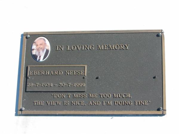 Eberhard NEESE,  | 28-7-1934 - 30-7-1999;  | Pimpama Island cemetery, Gold Coast  | 