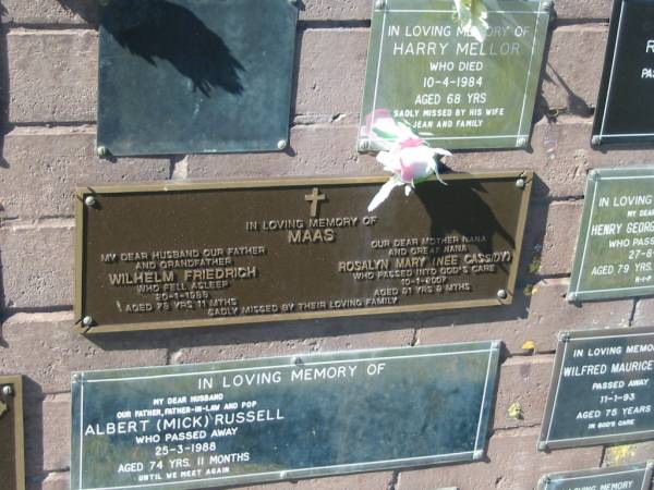 Wilhelm Friedrich MAAS,  | husband father grandfather,  | died 20-1-1988 aged 78 years 11 months;  | Rosalyn Mary MAAS (nee CASSIDY),  | mother nana great-nana,  | died 10-1-2007 aged 91 years 9 months;  | Pimpama Island cemetery, Gold Coast  | 