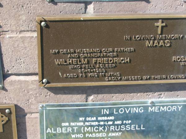 Wilhelm Friedrich MAAS,  | husband father grandfather,  | died 20-1-1988 aged 78 years 11 months;  | Rosalyn Mary MAAS (nee CASSIDY),  | mother nana great-nana,  | died 10-1-2007 aged 91 years 9 months;  | Pimpama Island cemetery, Gold Coast  | 