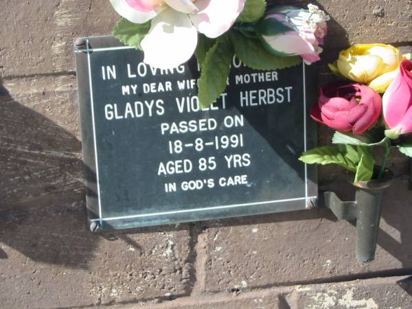 Gladys Violet HERBST,  | wife mother,  | died 18-8-1991 aged 85 years;  | Pimpama Island cemetery, Gold Coast  | 