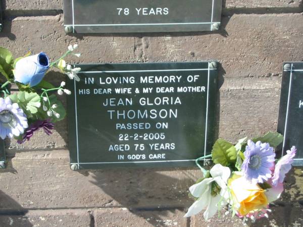 Jean Gloria THOMSON,  | wife mother,  | died 22-2-2005 aged 75 years;  | Pimpama Island cemetery, Gold Coast  | 