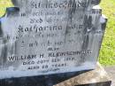 
Elizabeth Dorothea KLEINSCHMIDT,
born 16 Oct 1860,
died 16 March 1881;
Katharina Wendt,
mother,
born 26 Nov 1824,
died 4 June 1906;
William H. KLEINSCHMIDT,
died 20 Sept 1957 aged 68 years;
Pimpama Island cemetery, Gold Coast

