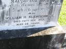 
Elizabeth Dorothea KLEINSCHMIDT,
born 16 Oct 1860,
died 16 March 1881;
Katharina Wendt,
mother,
born 26 Nov 1824,
died 4 Jan? 1906;
William H. KLEINSCHMIDT,
died 20 Sept 1957 aged 68 years;
Pimpama Island cemetery, Gold Coast
