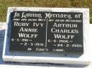 
Ruby Ivy Annie WOLFF,
wife,
4-5-1911 - 2-3-1991;
Arthur Charles WOLFF,
husband,
6-6-1906 - 24-2-1989;
Pimpama Island cemetery, Gold Coast
