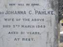 
Rudolf PAHLKE,
died 14 Sept 1924 aged 71 years;
Johanna C. PAHLKE,
wife,
died 5 March 1949 aged 91 years;
Pimpama Island cemetery, Gold Coast
