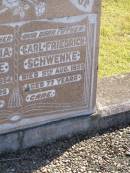 
Hulda Maria SCHWENKE,
mother,
died 25 July 1954,
aged 69 years;
Carl Friedrich SCHWENKE,
father,
died 5 Aug 1950 aged 77 years;
Pimpama Island cemetery, Gold Coast
