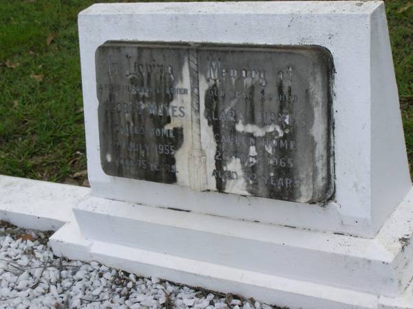 George MAYES,  | husband father,  | died 9 July 1955 aged 75 years;  | Clara MAYES,  | mother,  | died 26 Oct 1965 aged 62 years;  | Pimpama Uniting cemetery, Gold Coast  | 