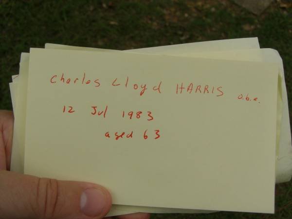 Charles Lloyd HARRIS,  | died 12 July 1983 aged 63 years;  | Pimpama Uniting cemetery, Gold Coast  | 