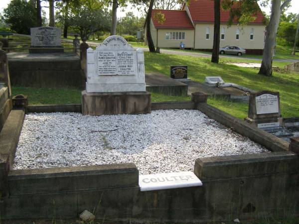 Agnes COULTER,  | wife mother,  | died 1 Sept 1934 aged 74 years;  | David Stewart COULTER,  | died 13 June 1953 aged 96 years;  | Jessie May COULTER,  | died 21 July 1938 aged 50 years;  | Pimpama Uniting cemetery, Gold Coast  | 