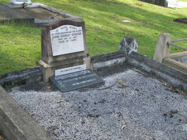 John Stanley COULTER,  | husband father,  | died 27 May 1937 aged 32 years;  | Venetia M.M. COULTER,  | 4-12-1903 - 26-5-1980;  | Pimpama Uniting cemetery, Gold Coast  | 