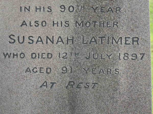 James LATIMER,  | died 12 Aug 1919 in 90th year;  | Susanah LATIMER,  | died 12 July 1897 aged 91 years;  | Pimpama Uniting cemetery, Gold Coast  | 