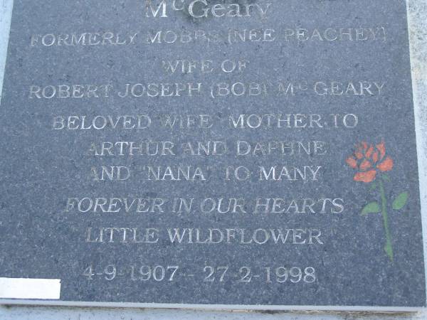 James Ambra MOBBS,  | 1904 - 1937;  | Florence Catherine Eliza MCGEARY (formerly MOBBS nee PEACHEY),  | wife of Robert Joseph (Bob) MCGEARY,  | wife & mother of Arthur & Daphne,  | 4-9-1907 - 27-2-1998;  | Pimpama Uniting cemetery, Gold Coast  | 