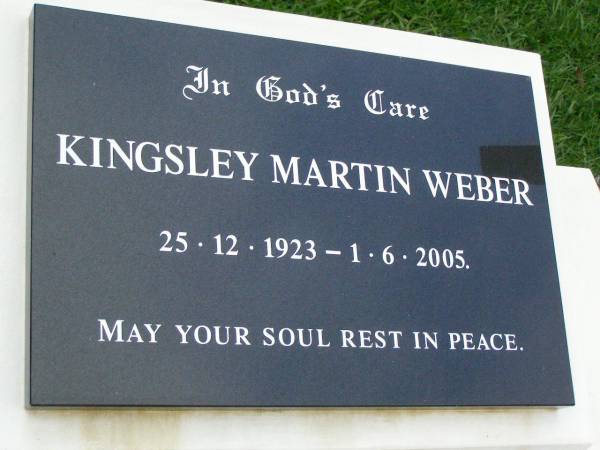 Kingsley Martin WEBER,  | 25-12-1923 - 1-6-2005;  | Pimpama Uniting cemetery, Gold Coast  | 