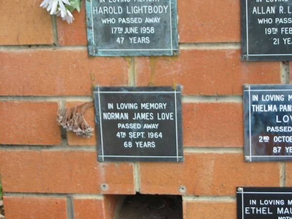 Norman James LOVE,  | died 4 Sept 1964 aged 68 years;  | Pimpama Uniting cemetery, Gold Coast  | 