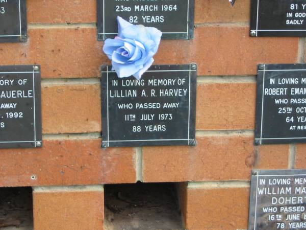 Lillian A.R. HARVEY,  | died 11 July 1973 aged 88 years;  | Pimpama Uniting cemetery, Gold Coast  | 