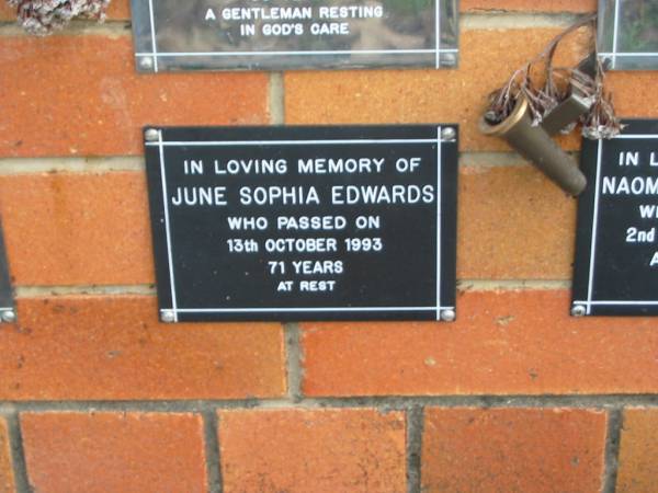 June Sophia EDWARDS,  | died 13 Oct 1993 aged 71 years;  | Pimpama Uniting cemetery, Gold Coast  | 