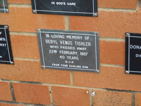 Beryl Venus TISHLER,  | died 22 Feb 1987 aged 40 years,  | remembered by Ron;  | Pimpama Uniting cemetery, Gold Coast  | 
