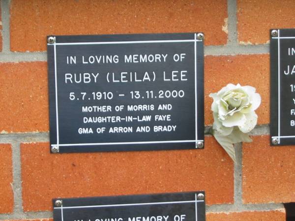 Ruby (Leila) LEE,  | 5-7-1910 - 13-11-2000,  | mother of Morris,  | daughter-in-law Fay,  | grandma of Arron & Brady;  | Pimpama Uniting cemetery, Gold Coast  | 
