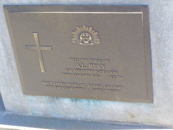 A.L. (Les) RYAN,  | born 26-8-1919  | died 20 Jan 1994 aged 74,  | husband father grandpa great-grandpa;  | Pine Mountain St Peter's Anglican cemetery, Ipswich  | 