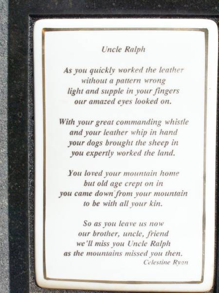 Ralph GARDNER, uncle,  | 30-6-1918 - 7-11-1993,  | poem by Celestine Ryan;  | Pine Mountain St Peter's Anglican cemetery, Ipswich  | 