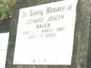 Leonard Joseph MAHON,
died 21 March 1985 aged 73 years;
Pine Mountain Catholic (St Michaels) cemetery, Ipswich