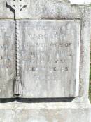 William PENNELL, father,
died 26 Nov 1945 aged 71 years;
Margaret, wife of William PENNELL,
died 20 July 1937 aged 61 years;
Pine Mountain Catholic (St Michaels) cemetery, Ipswich