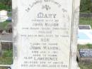 Mary, wife of John MAHON,
born Ballin Valley, Kings County, Ireland,
died 13 Aug 1909 aged 75 years;
John MAHON,
died 2 Jan 1911 aged 75 years;
Lawerence, son,
died 13 July 1960 aged 81 years;
Florence Bridget MALONEY, granddaughter,
died 17 April 1909 aged 17 years;
Pine Mountain Catholic (St Michaels) cemetery, Ipswich