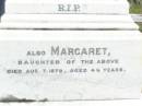 Margaret CULHANE,
born County Cavan Ireland,
died 25 Mar 1909 aged 62 years;
John CULHANE, husband,
died 16 June 1917 aged 72 years;
Margaret, daughter,
died 7 Aug 1879 aged 4 12 years;
Pine Mountain Catholic (St Michaels) cemetery, Ipswich