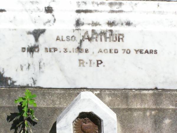 Ann SHERLOCK,  | died Pine Mountain 10 Sept 1903 aged 66 years;  | John, husband,  | died 9 Nov 1917 aged 84 years;  | Ann, daughter,  | died 18 March 1937 aged 59 years;  | Arthur,  | died 3 Sept 1938 aged 70 years;  | Pine Mountain Catholic (St Michael's) cemetery, Ipswich  | 