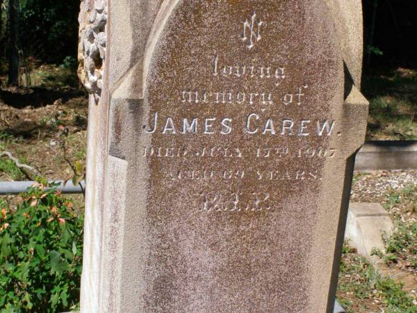 Catherine, wife of James CAREW,  | died 3 Feb 1902 aged 61 years;  | Mary-Ann, daughter,  | died 9 July 1972 aged 8 years;  | James CAREW,  | died 17 July 1907 aged 69 years;  | Mary Louisa CAREW,  | wife of D. CAREW,  | died 9 June 1935 aged 70 years;  | Pine Mountain Catholic (St Michael's) cemetery, Ipswich  | 