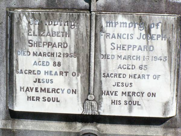 William ANDREWS, of ?? England,  | died 16 Jan 1880 aged 35 years;  | Catherine ANDREWS, wife,  | died 21 Nov 1918 aged 78 years;  | Elizabeth SHEPPARD,  | died 12 March 1958 aged 88;  | Francis Joseph SHEPPARD,  | died 16 march 1945 aged 65;  | Pine Mountain Catholic (St Michael's) cemetery, Ipswich  | 