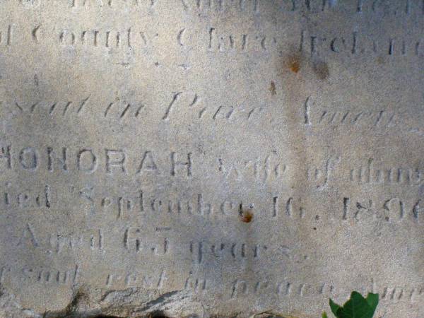 Matthew MURTACH, of County Clare Ireland,  | died 6 Sept 1880 aged 50 years;  | Honorah, wife,  | died 16 Sept 1896 aged 65 years;  | Pine Mountain Catholic (St Michael's) cemetery, Ipswich  | 