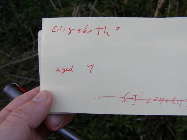 Elizabeth ?  | aged 7?  |   | Pine Mountain Congregational Church Cemetery  |   | Transcription by Katie Mead 1991  |   | Sacred  | to the memory of  | Elizabeth Cox  | who died September 23rd 1885  | Aged 76 years  |   | (Elizabeth is the Betsy after whom Betsy's bush is named).  | 