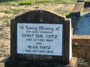 parents;
Ernst Emil FRITZ,
died 12 Nov 1960;
Hilda FRITZ,
died 28 May 1978;
Plainland Lutheran Cemetery, Laidley Shire