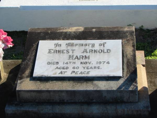 Ernest Arnold HARM,  | died 14 Nov 1974 aged 60 years;  | Plainland Lutheran Cemetery, Laidley Shire  | 