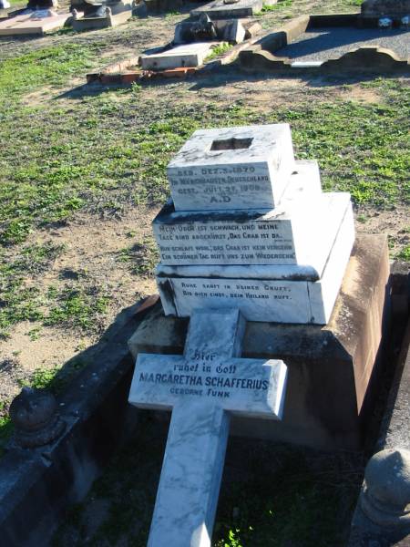 Margaretha SCHAFFERIUS (nee FUNK),  | born 3 Dec 1870 in Munchhausen, Germany,  | died 27 July 1908;  | Plainland Lutheran Cemetery, Laidley Shire  | 