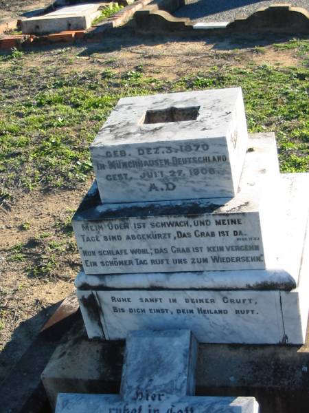 Margaretha SCHAFFERIUS (nee FUNK),  | born 3 Dec 1870 in Munchhausen, Germany,  | died 27 July 1908;  | Plainland Lutheran Cemetery, Laidley Shire  | 