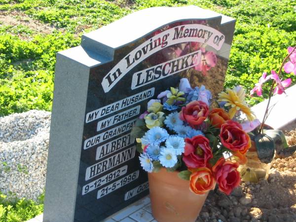 LESCHKE, Albert Hermann,  | husband father grandfather,  | 9-12-1912 - 21-5-1996;  | Plainland Lutheran Cemetery, Laidley Shire  | 