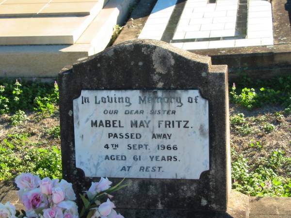 Mabel May FRITZ  | 4 Sep 1966 aged 61  | Plainland Lutheran Cemetery, Laidley Shire  | 