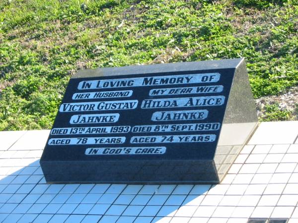 Victor Gustav JAHNKE, husband,  | died 13 April 1993 aged 78 years;  | Hilda Alice JAHNKE, wife,  | died 8 Sept 1990 aged 74 years;  | Plainland Lutheran Cemetery, Laidley Shire  | 