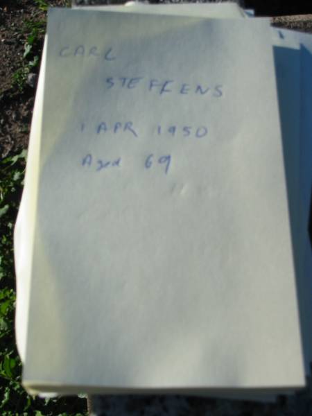 Carl STEFFENS  | 1 Apr 1950, aged 69  | Plainland Lutheran Cemetery, Laidley Shire  | 